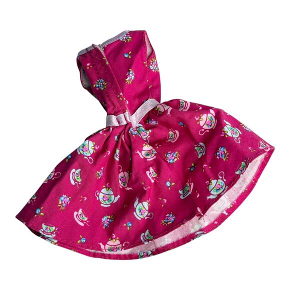 Barbie Tea Time Dress Pink Teapot Print Blue Flower Belted Sleeveless 1999 Vtg - Picture 2 of 4